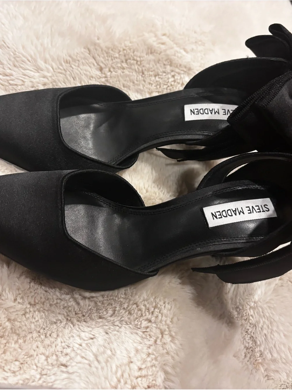 Steve Madden Black Satin Pointed D'Orsay Ankle Tie Heels with Bow Detail